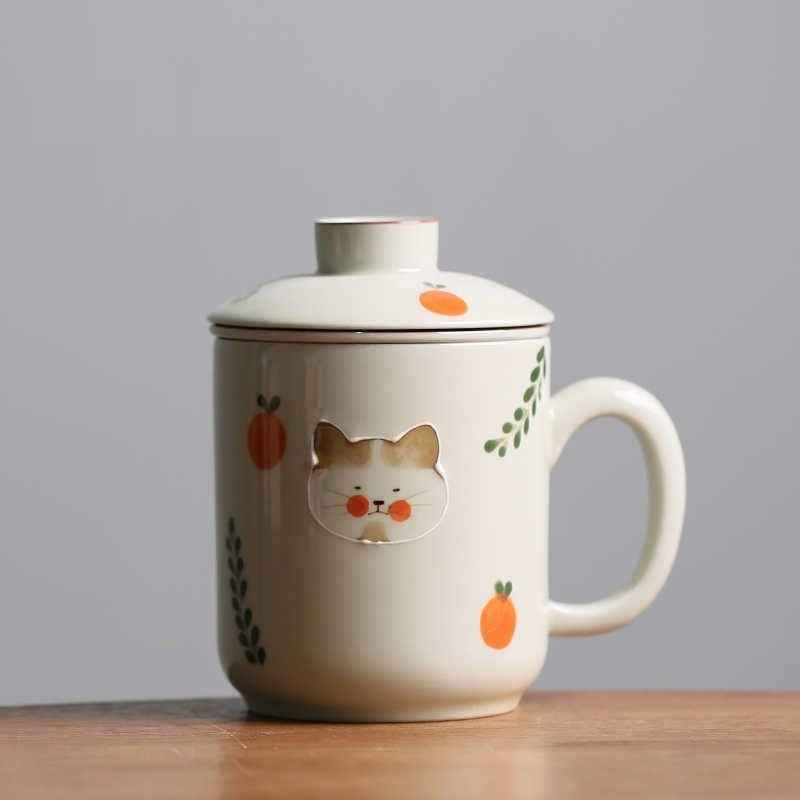 Hand Painted Cat Tea Water Separation Ceramic Cup