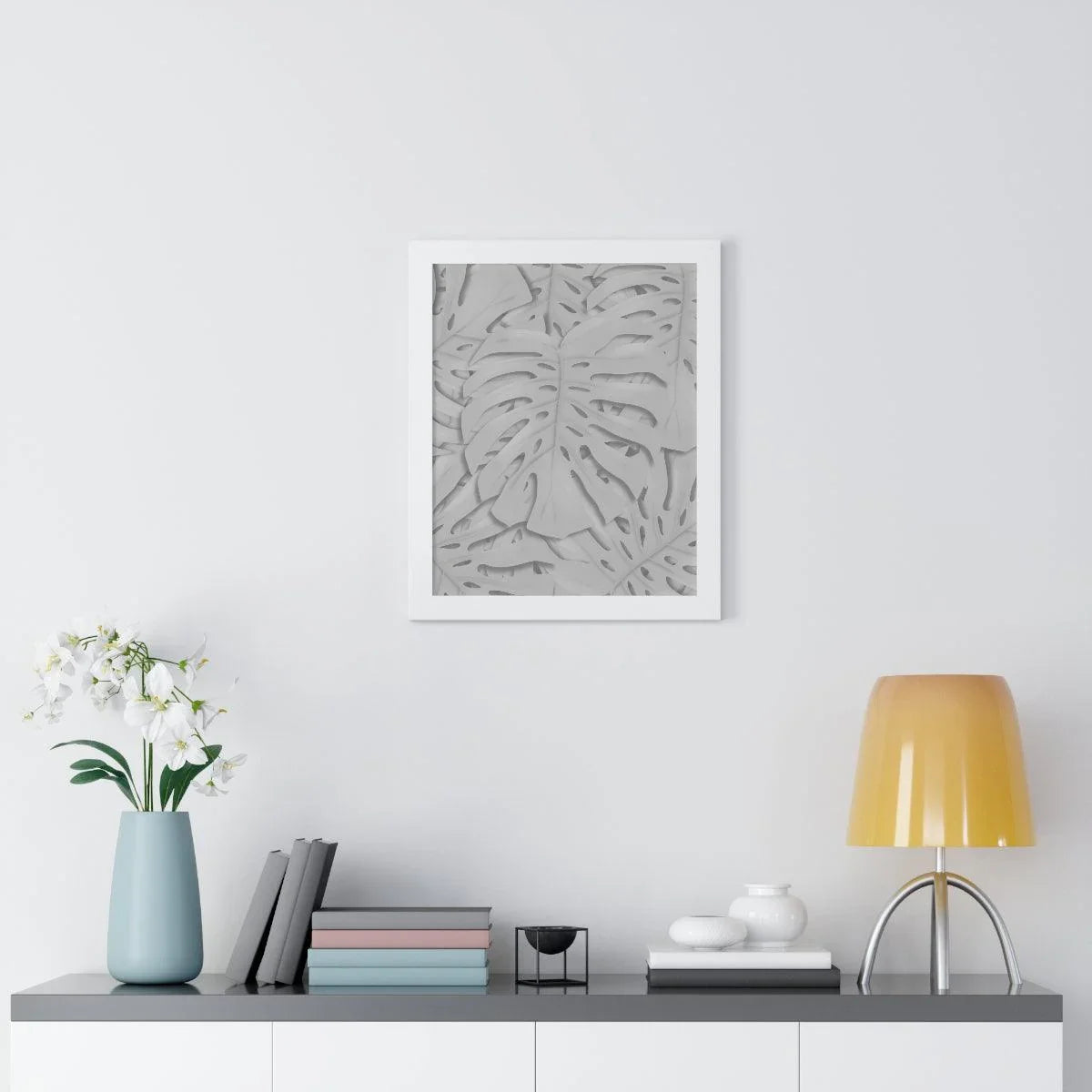 Soft Grey Monstera Framed Print – Botanical Wall Art