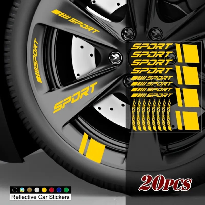 20pcs Reflective Sport Car Wheel Rim Vinyl Stickers - Self-Adhesive Racing Stripe Decals with Glossy Finish, Checkered & Stripe Patterns, Red/ Colors, Irregular Shapes for Night Driving Safety, Easy Application & Removal, Dur