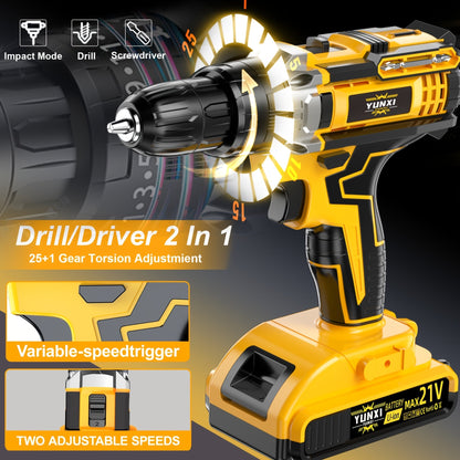21V Multi-function Impact Drill Set Wireless Power w/ Battery And Quick Charger