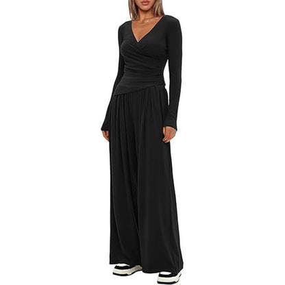 2 Pieces Women's V Neck Long-sleeve Sportswear Top And Wide-leg Pants Set Casual Comfortable Outfit Set For Daily Wear Gym Sports Outfit