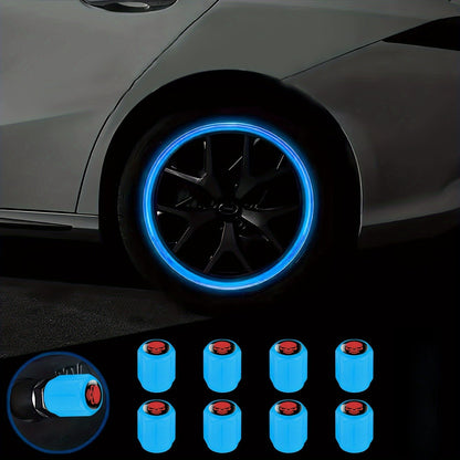 A Collection of Four Glowing Tire Valve Caps Designed to Stop Air from Escaping, Ideal for Vehicles Like Cars, Bikes, And Trucks, Adding a Fashionable Touch