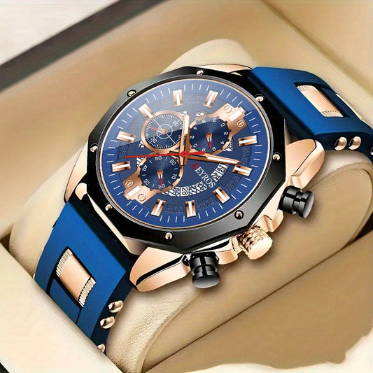 Men's Business Quartz Watch with Calendar | Durable Silicone Strap, Blue & Golden-Tone Business Casual Watch, Ideal Gift for Him