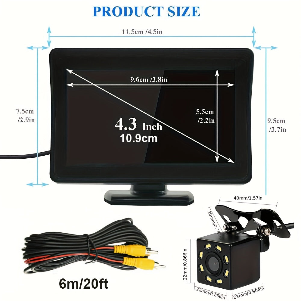 8LED Night Vision Reversing Camera HD 4.3 Inch Monitor Wide Angle Parking System for Multi Vehicle Safety Backup