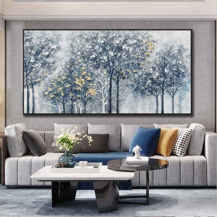 Handmade Abstract Silver-gray Forest Tree Texture Painting Wall Art On Canvas Hand Drawn New Blue And Golden Oil Painting For Home Decor