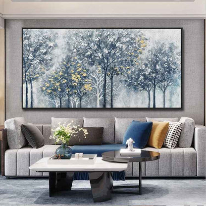 Handmade Abstract Silver-gray Forest Tree Texture Painting Wall Art On Canvas Hand Drawn New Blue And Golden Oil Painting For Home Decor