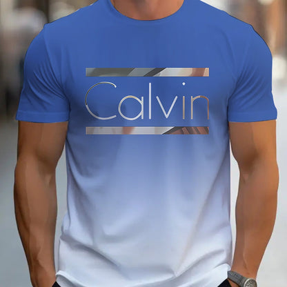 Summer Men'S 3D Digital Printing, Cool Gradual Change: "Calvin" Printed T-Shirt, Casual And Comfortable Versatile Men'S Round Neck Short Sleeves, Suitable for Daily And Sports Wear