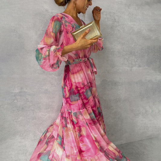 Long-sleeved Floral Print Dress Elegant V-neck Pleated High-waisted Big Swing Chiffon Maxi Dresses For Women Clothing