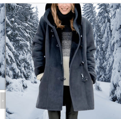 Winter Vintage Button Jackets Women's Warm Fleece Hooded Coat Casual Mid-Length Trench Top Outwear Clothing