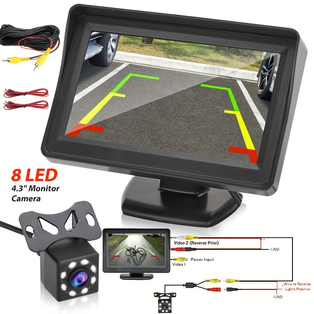 8LED Night Vision Reversing Camera HD 4.3 Inch Monitor Wide Angle Parking System for Multi Vehicle Safety Backup