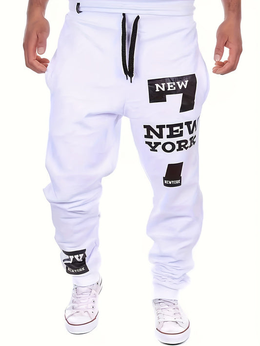 2024 Men'S Regular Fit Solid Color Sports Pants Featuring Dual Side Pockets And a Drawstring, with a Stylish 'NEW YORK' Print, Ideal for Casual Wear And Outdoor Activities
