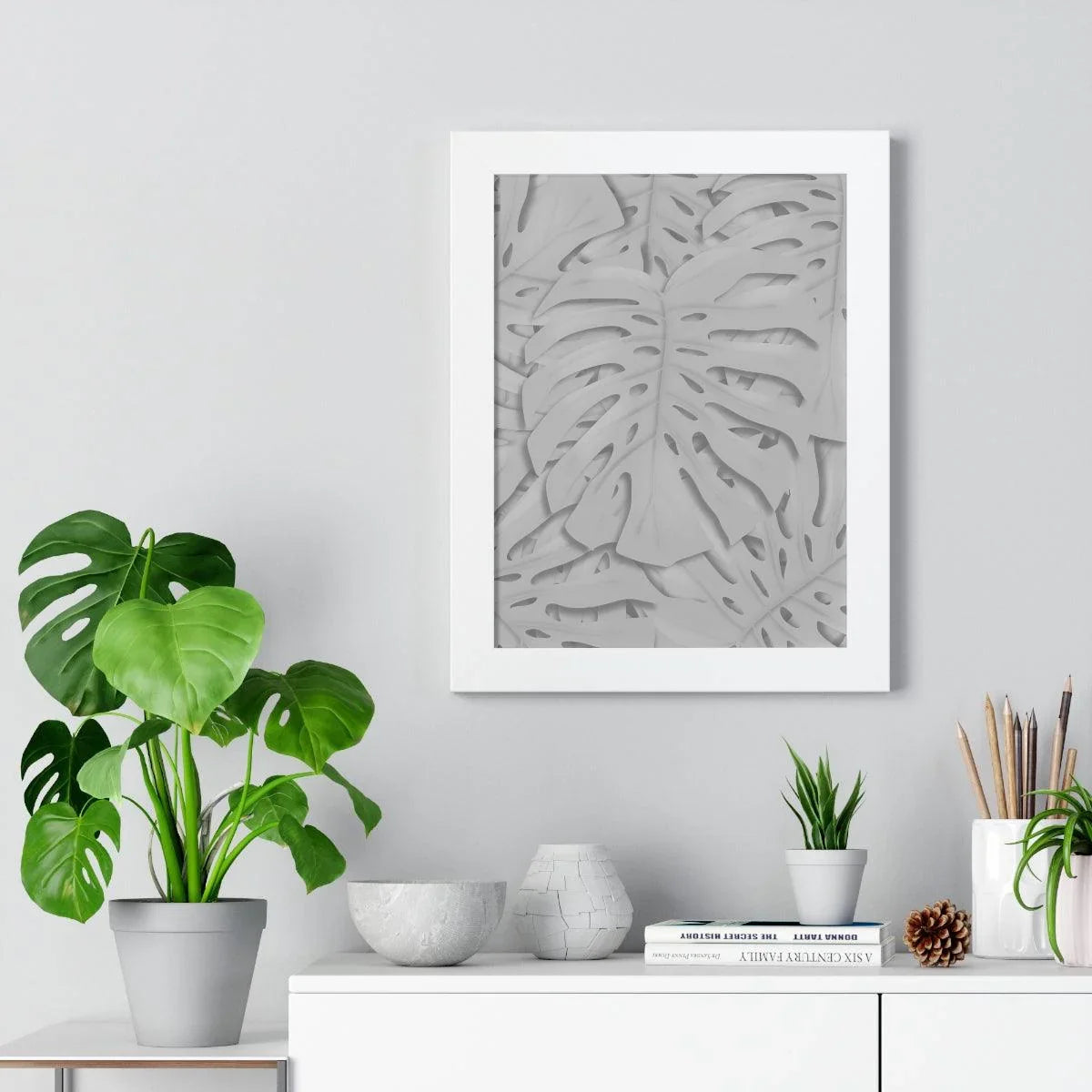 Soft Grey Monstera Framed Print – Botanical Wall Art