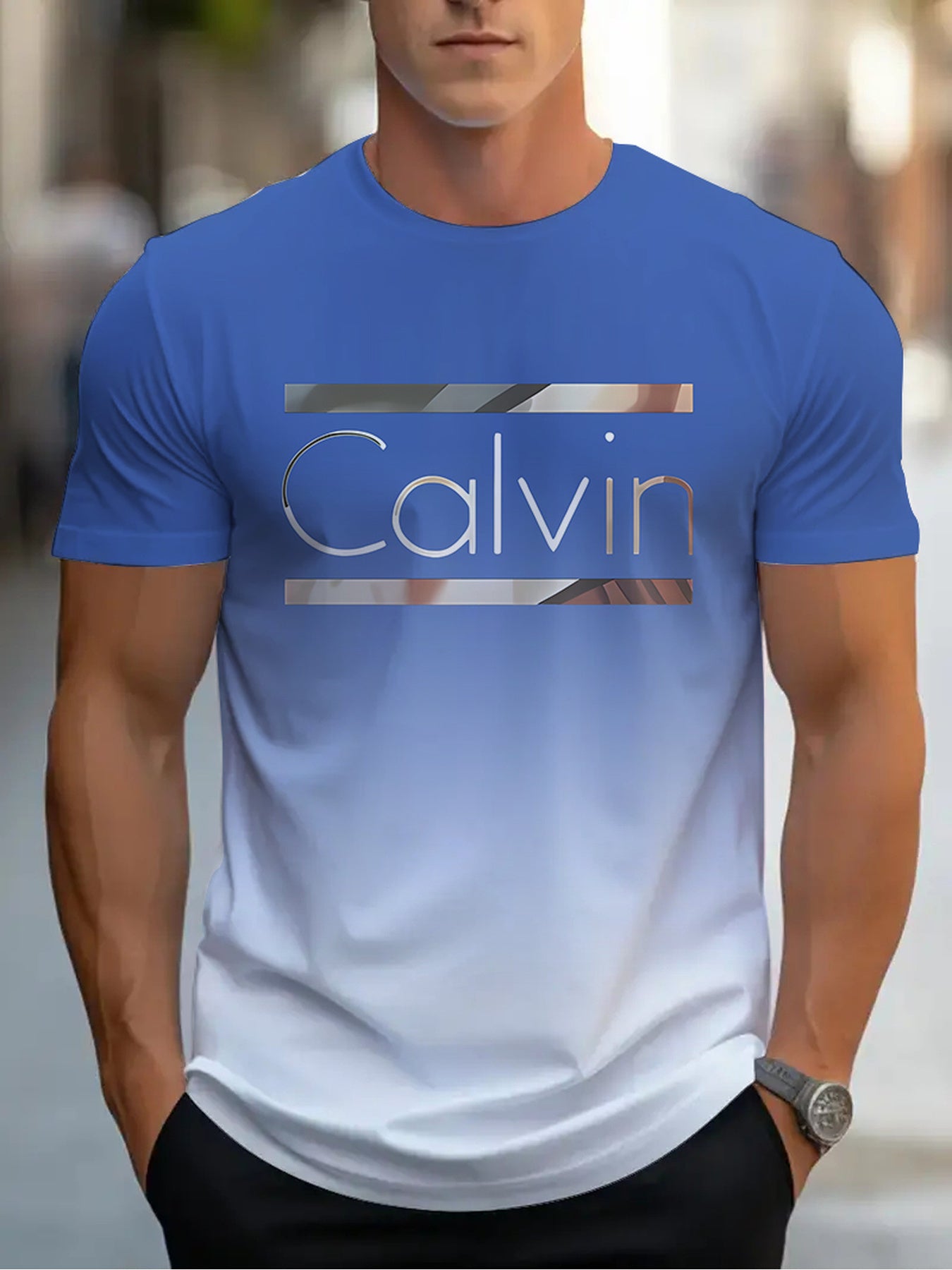 Summer Men'S 3D Digital Printing, Cool Gradual Change: "Calvin" Printed T-Shirt, Casual And Comfortable Versatile Men'S Round Neck Short Sleeves, Suitable for Daily And Sports Wear