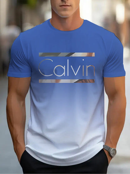 Summer Men'S 3D Digital Printing, Cool Gradual Change: "Calvin" Printed T-Shirt, Casual And Comfortable Versatile Men'S Round Neck Short Sleeves, Suitable for Daily And Sports Wear