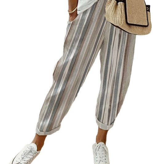 Womens Striped Cropped Casual Pants - Loose Fit Breathable Commuter Trousers