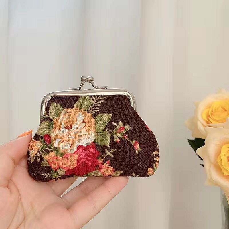Retro Mini Canvas Coin Purse - Vintage Floral Plaid Small Zipper Wallet Organizer