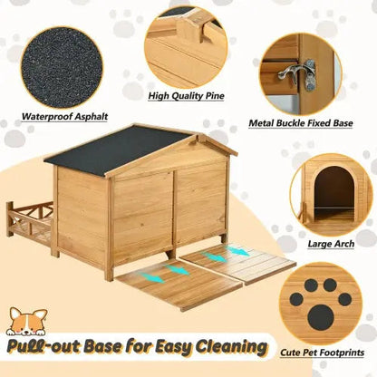 Outdoor Wooden Dog House with Porch & Asphalt Roof 48" Medium