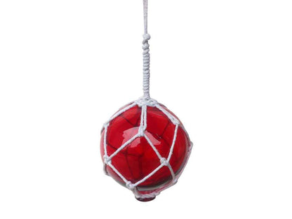Red Japanese Glass Ball With White Netting Christmas Ornament 4""
