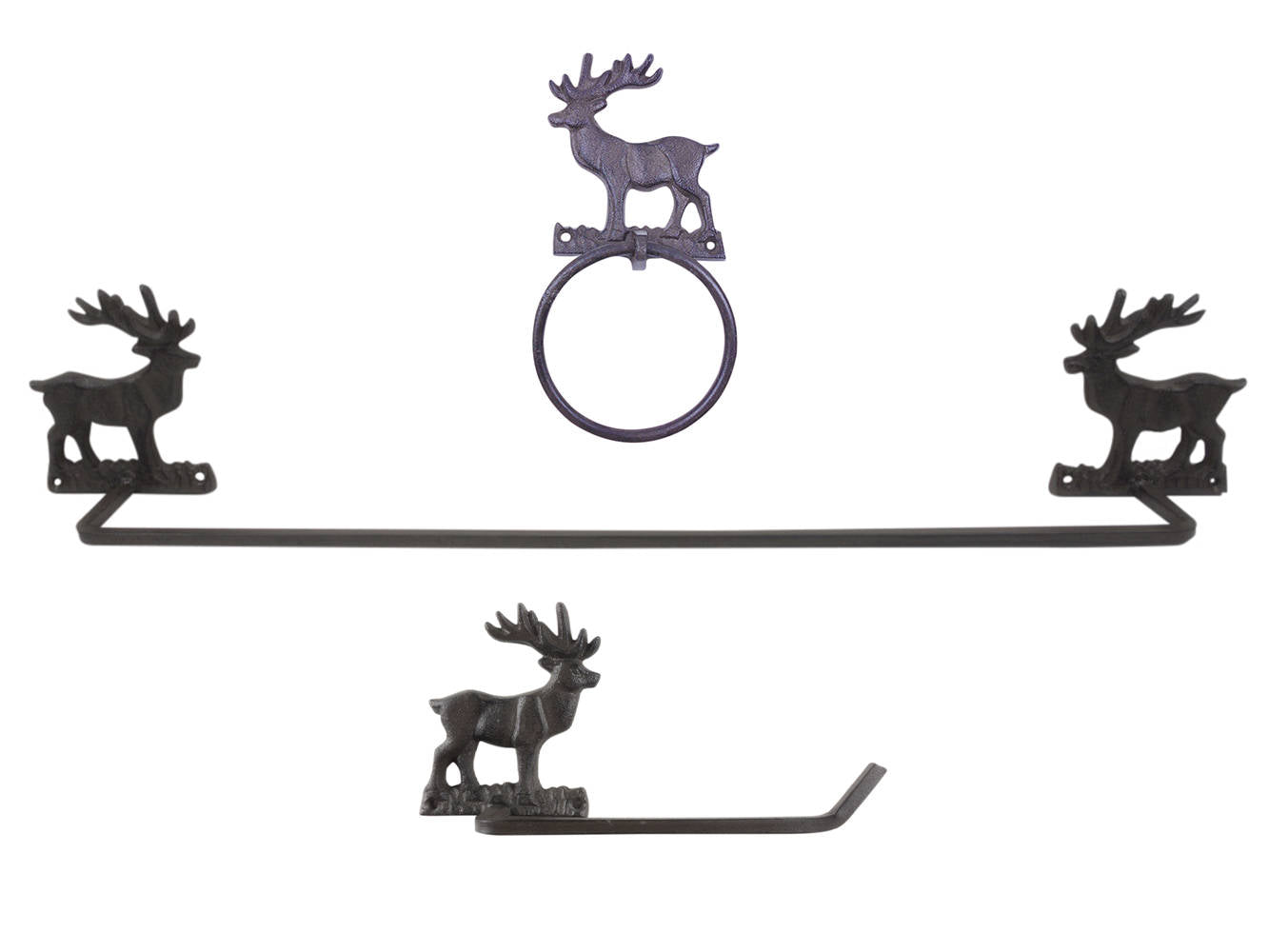 Cast Iron Moose Bathroom Set of 3 - Large Bath Towel Holder and Towel Ring and Toilet Paper Holder