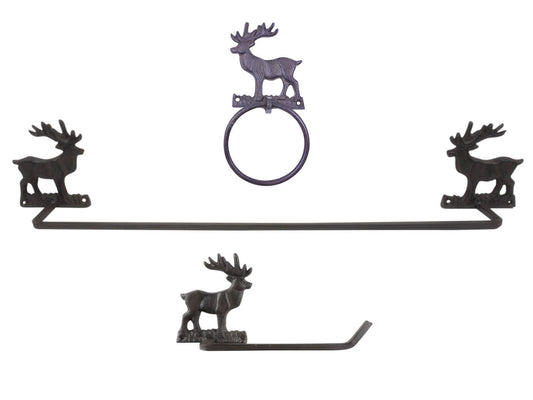 Cast Iron Moose Bathroom Set of 3 - Large Bath Towel Holder and Towel Ring and Toilet Paper Holder