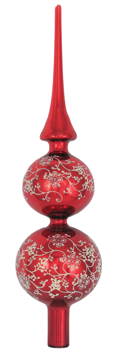 Red 13" Glass Treetopper with Gold Floral Glitterlace - Christmas Red