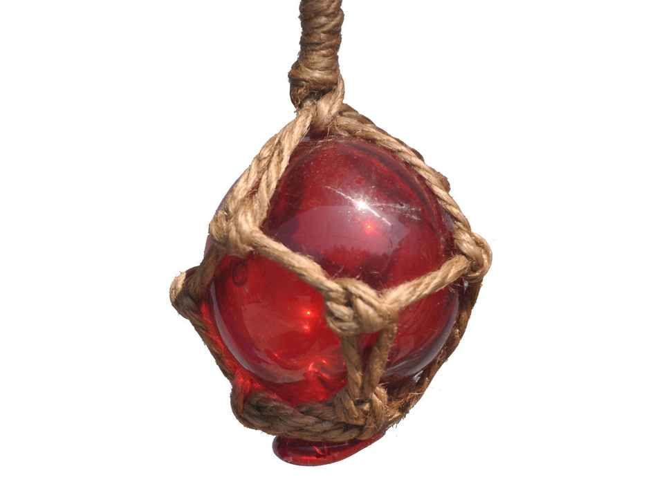 Red Japanese Glass Ball With Brown Netting Christmas Ornament 2""