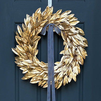 Gold Bay Leaf Wreath with Black Velvet Ribbon