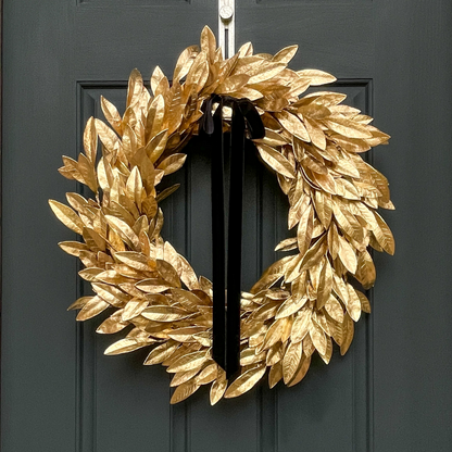 Gold Bay Leaf Wreath with Black Velvet Ribbon