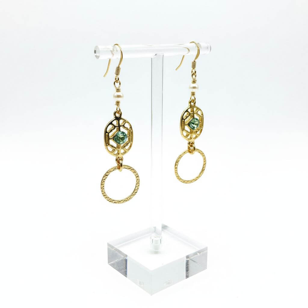14 KT Gold Filled Green Crystal Circle Filigree Earrings