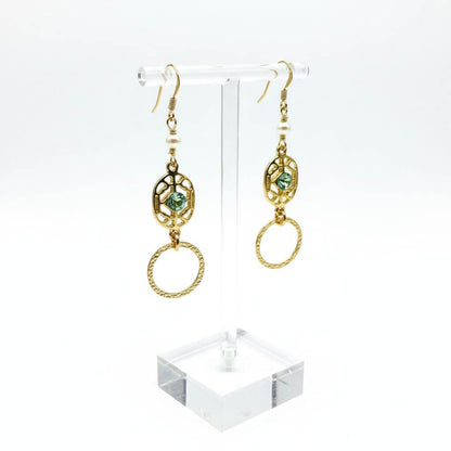 14 KT Gold Filled Green Crystal Circle Filigree Earrings