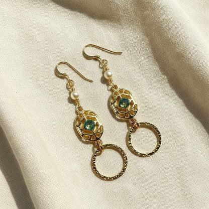 14 KT Gold Filled Green Crystal Circle Filigree Earrings