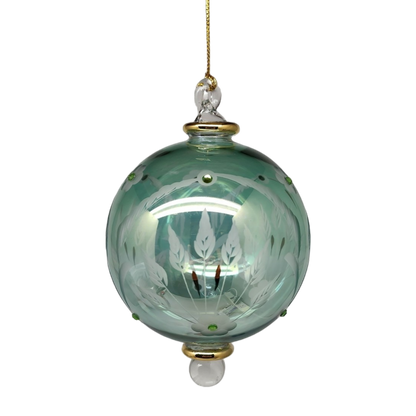 Etched Blown Glass Ball with Crystal Accents - Green