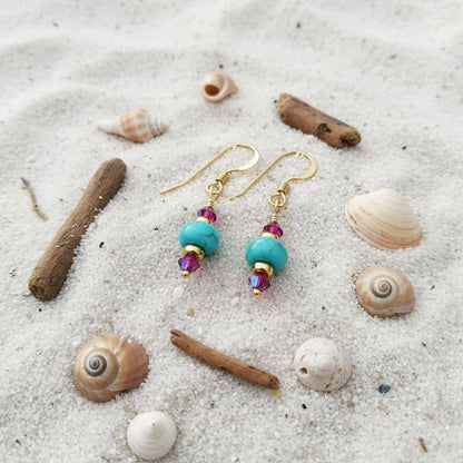 Hot Pink and Turquoise Gemstone 14 K Gold Filled Earrings