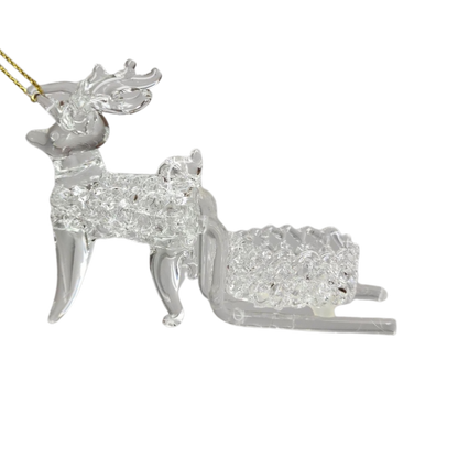 Spunglass Ornament - Clear Reindeer With Sleigh