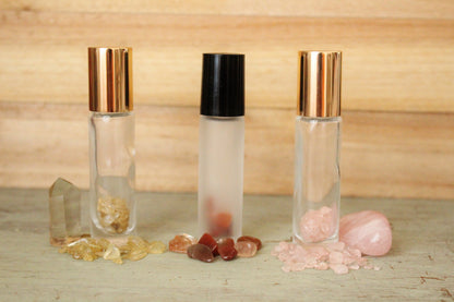 Gemstone roller bottle /Clear /Frosted /Gold lid /Rose Quartz /Green Aventurine /Garnet /Malachite /Citrine /Lapis Lazuli / Crystal roll on