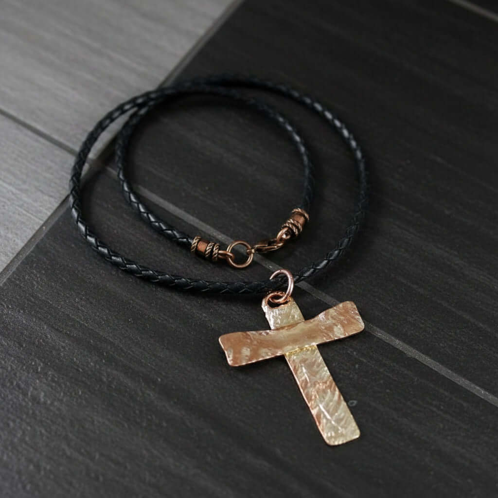 925 Silver Copper Hammer Forged Masculine Cross Necklace