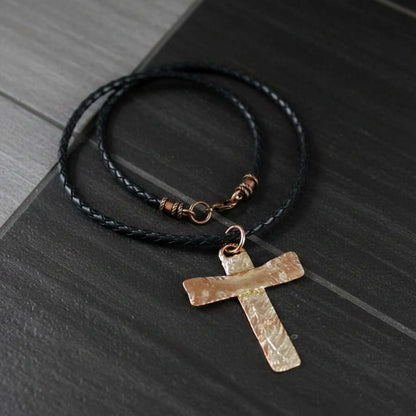 925 Silver Copper Hammer Forged Masculine Cross Necklace