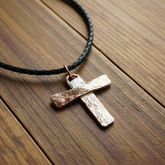 925 Silver Copper Hammer Forged Masculine Cross Necklace