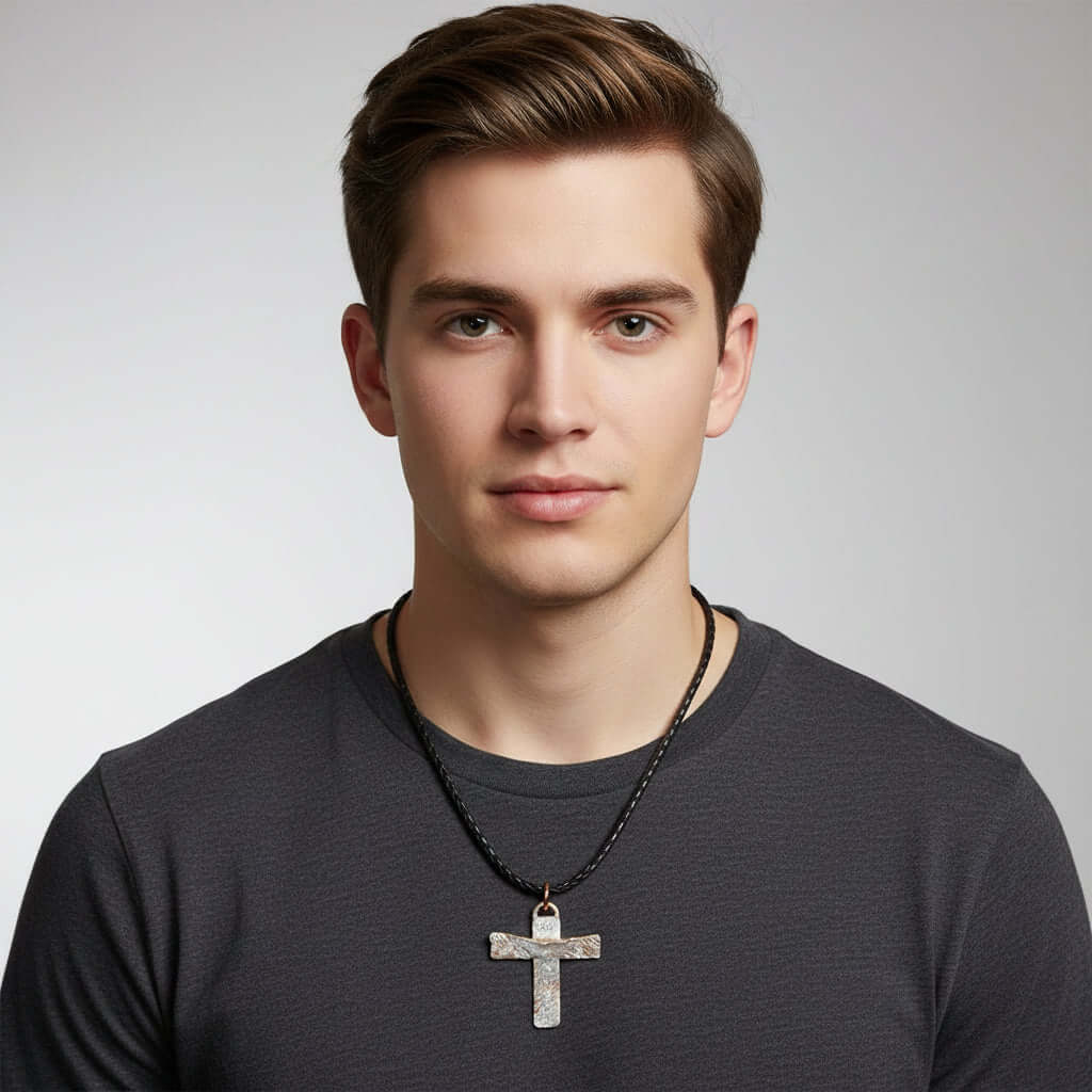 925 Silver Copper Hammer Forged Masculine Cross Necklace