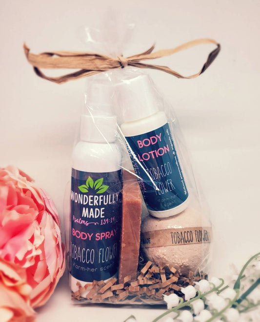 Spa Gift Bundle | Tobacco Flower Lover Basket | All Natural Organic | Bath Bomb | Handmade Soap | Body Lotion | Body Spray Perfume | Wrapped