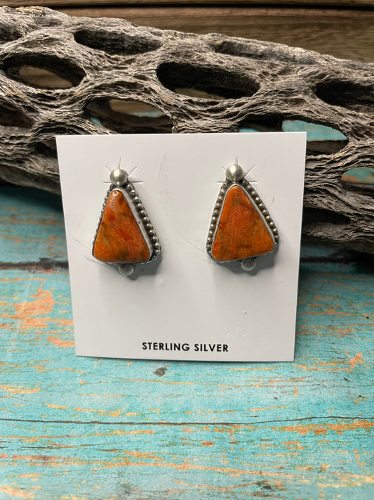 Handcrafted Apple Coral And Sterling Silver Post Earrings Signed