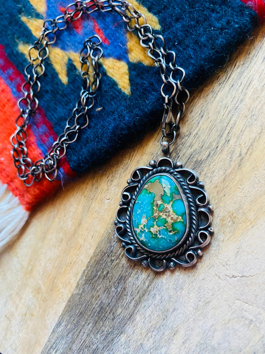 Handcrafted Sterling Silver & Royston Turquoise Necklace Signed