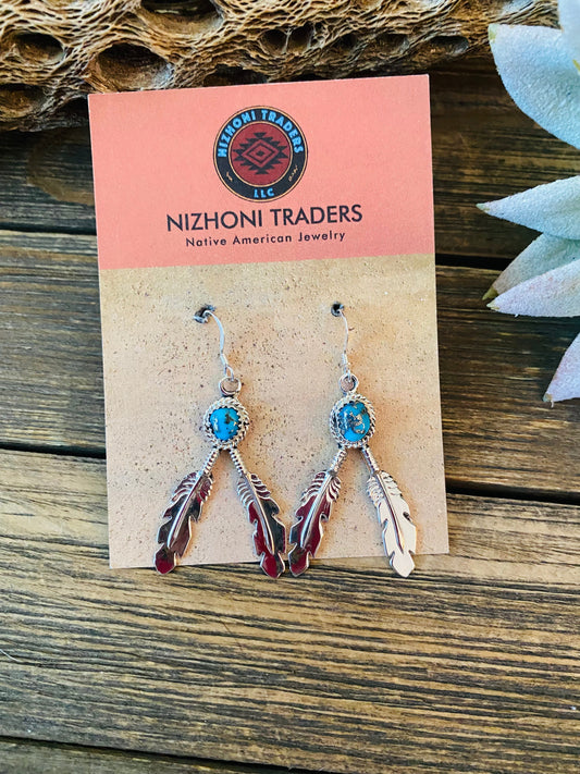 Handcrafted Sterling Silver & Turquoise Feather Dangle Earrings