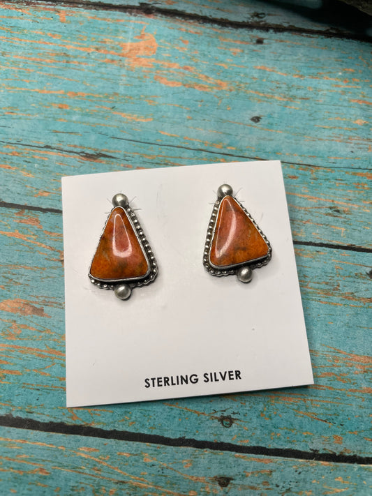 Handcrafted Apple Coral And Sterling Silver Post Earrings Signed