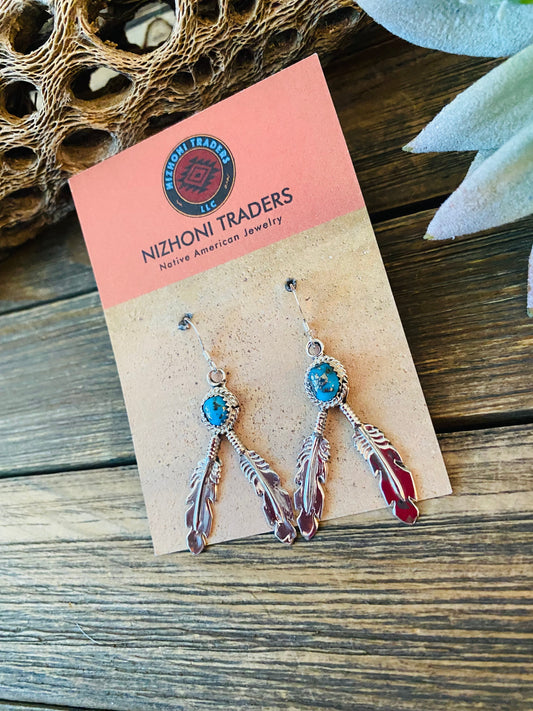 Handcrafted Sterling Silver & Turquoise Feather Dangle Earrings
