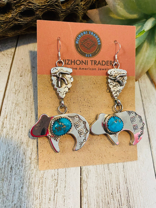 Handcrafted Turquoise & Sterling Silver Fetish Bear Dangle Earrings