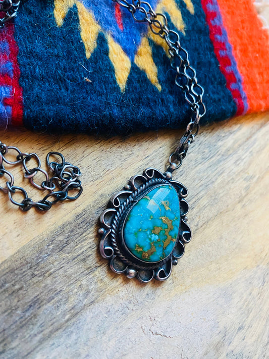 Handcrafted Sterling Silver & Royston Turquoise Necklace Signed