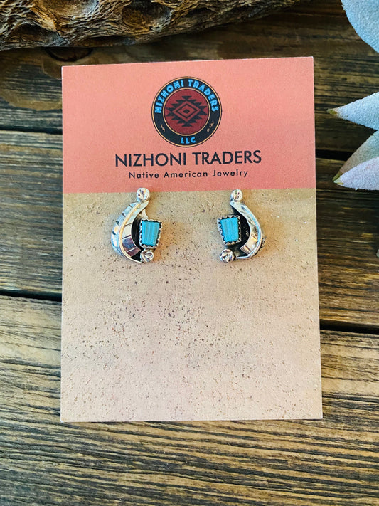 Handcrafted Sterling Silver & Turquoise Feather Stud Earrings Signed