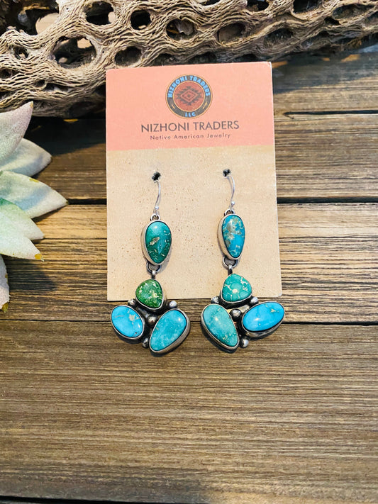 Handcrafted Multi Turquoise & Sterling Silver Cluster Dangle Earrings