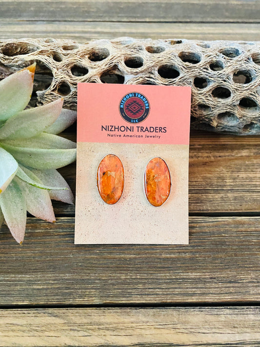 Handcrafted Sterling Silver & Orange Spiny Post Earrings 1.1/8”